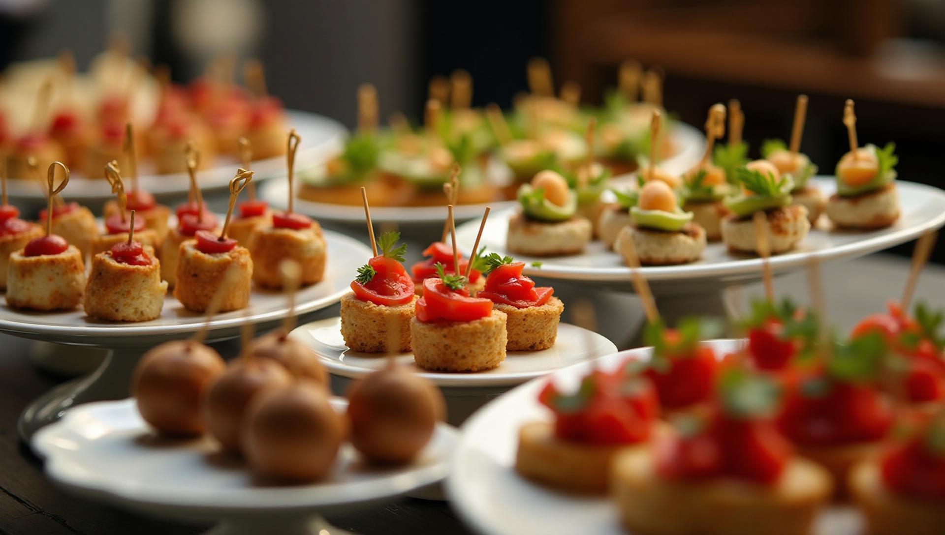 Diverse gluten-free appetizer catering in New York, variety of bite-sized appetizers, skewers, bruschetta on elegant serving platters, sophisticated entertaining