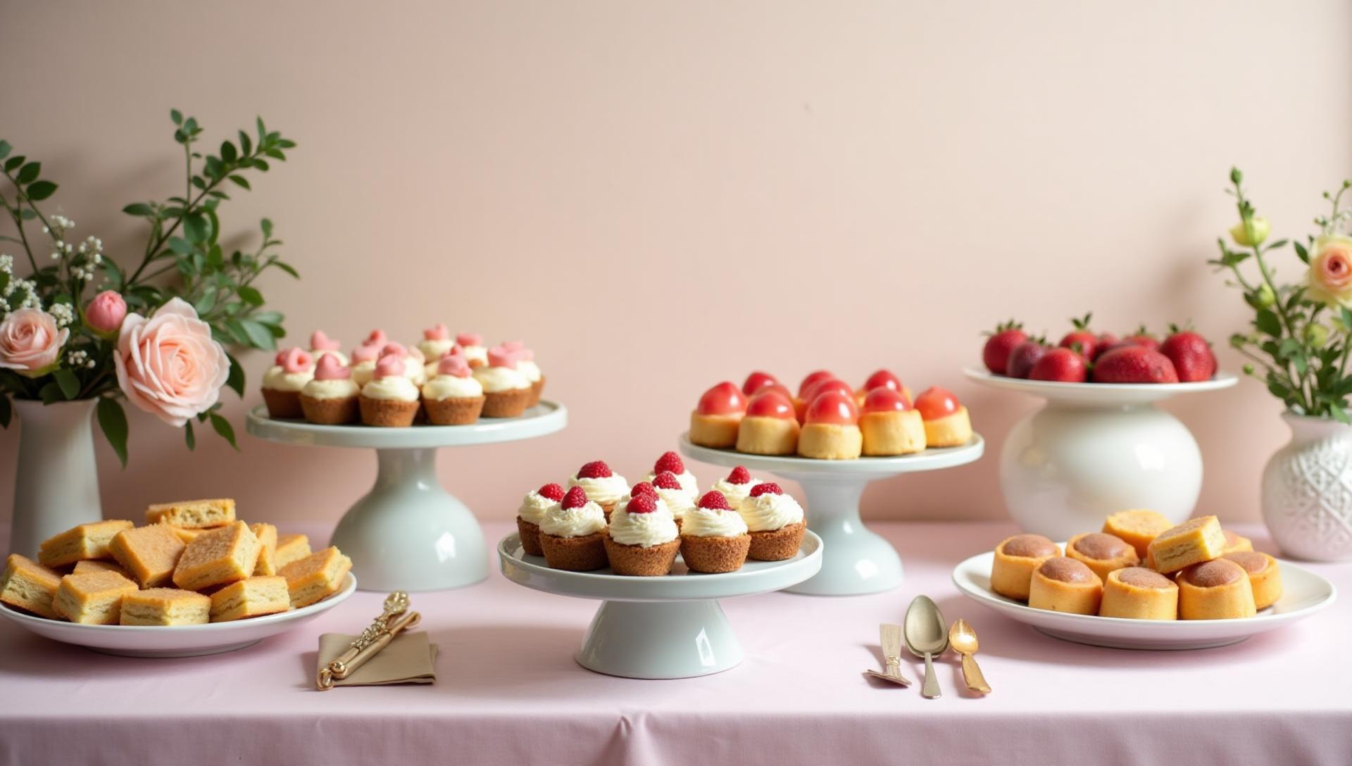 Delicate gluten-free baby shower catering with pastel desserts, finger sandwiches, fruit arrangements, soft celebration atmosphere, allergen-free treats