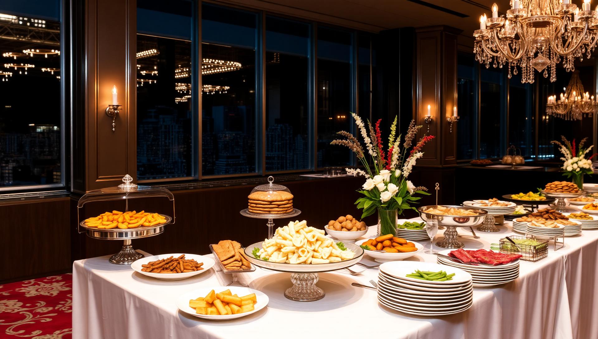 Elegant gluten-free bar mitzvah bat mitzvah catering in NYC venue, sophisticated Jewish celebration food spread, kiddush luncheon setup