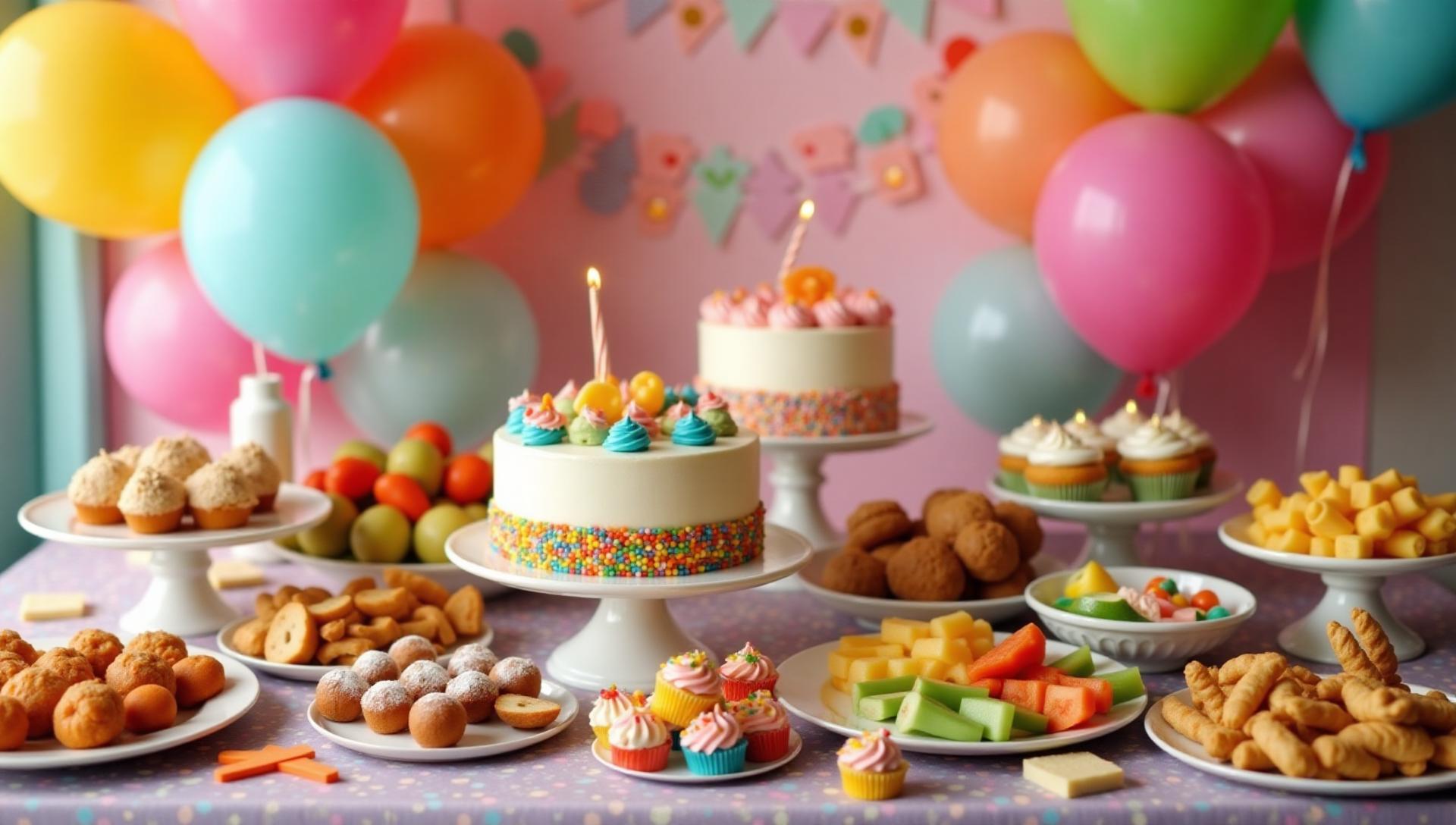 Colorful gluten-free birthday party catering in NYC with festive cupcakes, cake, and party platters, celebration food spread for all ages, allergen-free desserts