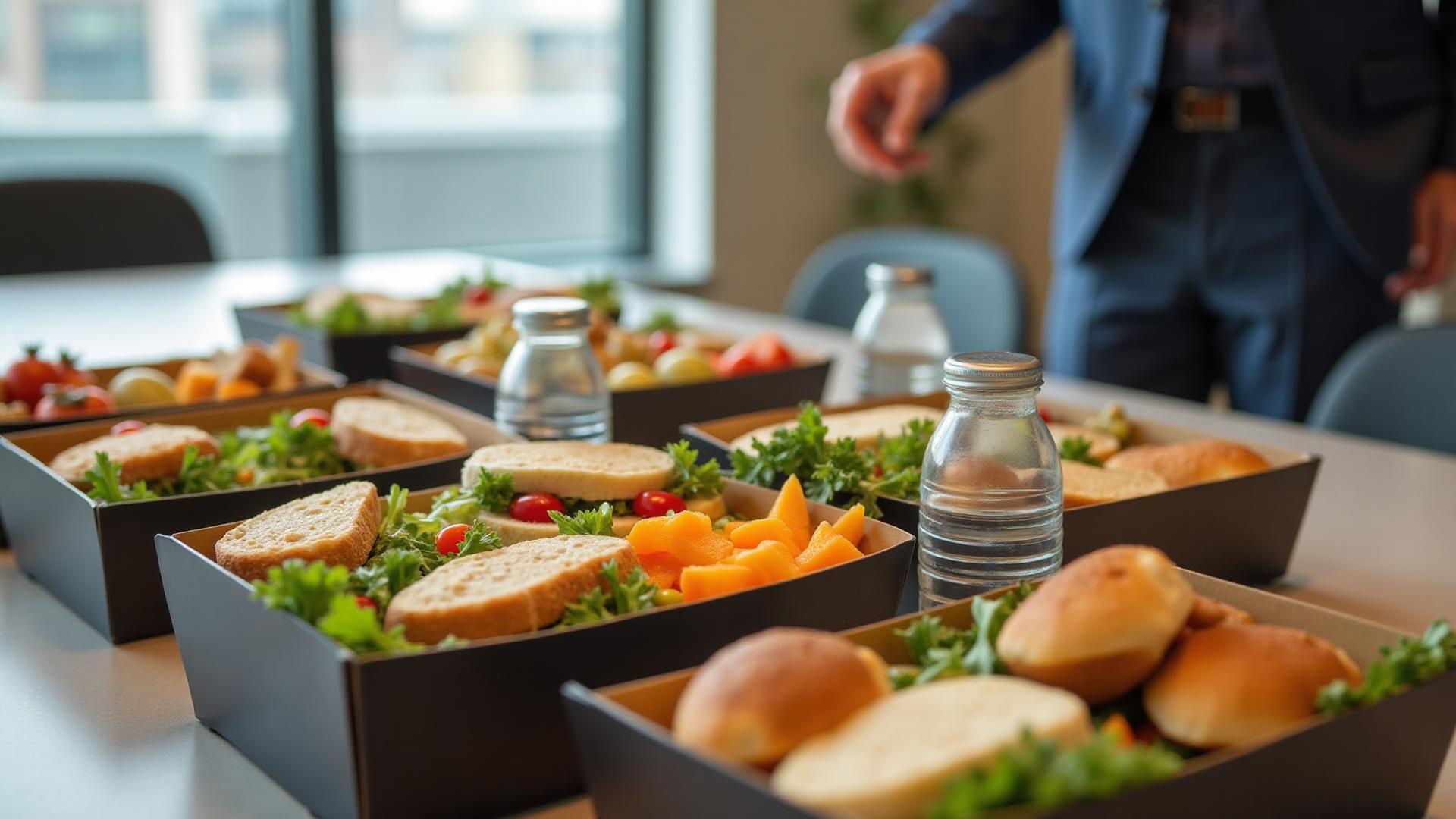 Professional gluten-free boxed lunch catering in NYC, individually packaged meals with sandwiches, salads, snacks for corporate meetings and events