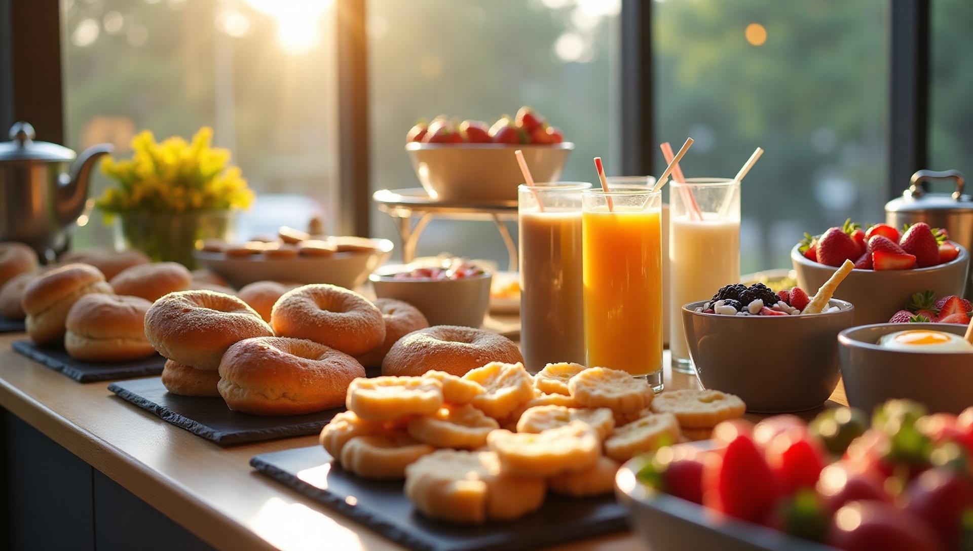 Fresh gluten-free breakfast catering in Manhattan office, morning spread with pastries, bagels, fruit platters, hot breakfast items, corporate meeting setup