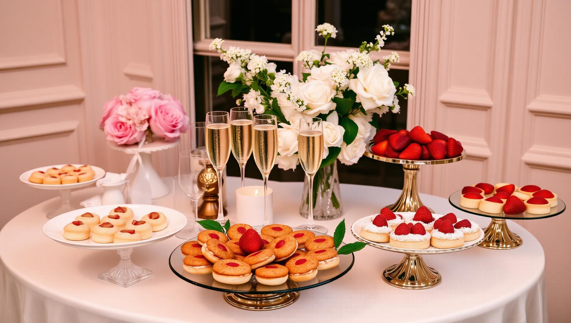 Elegant gluten-free bridal brunch catering with champagne, pastries, and beautiful feminine presentation for bridal celebrations in NYC