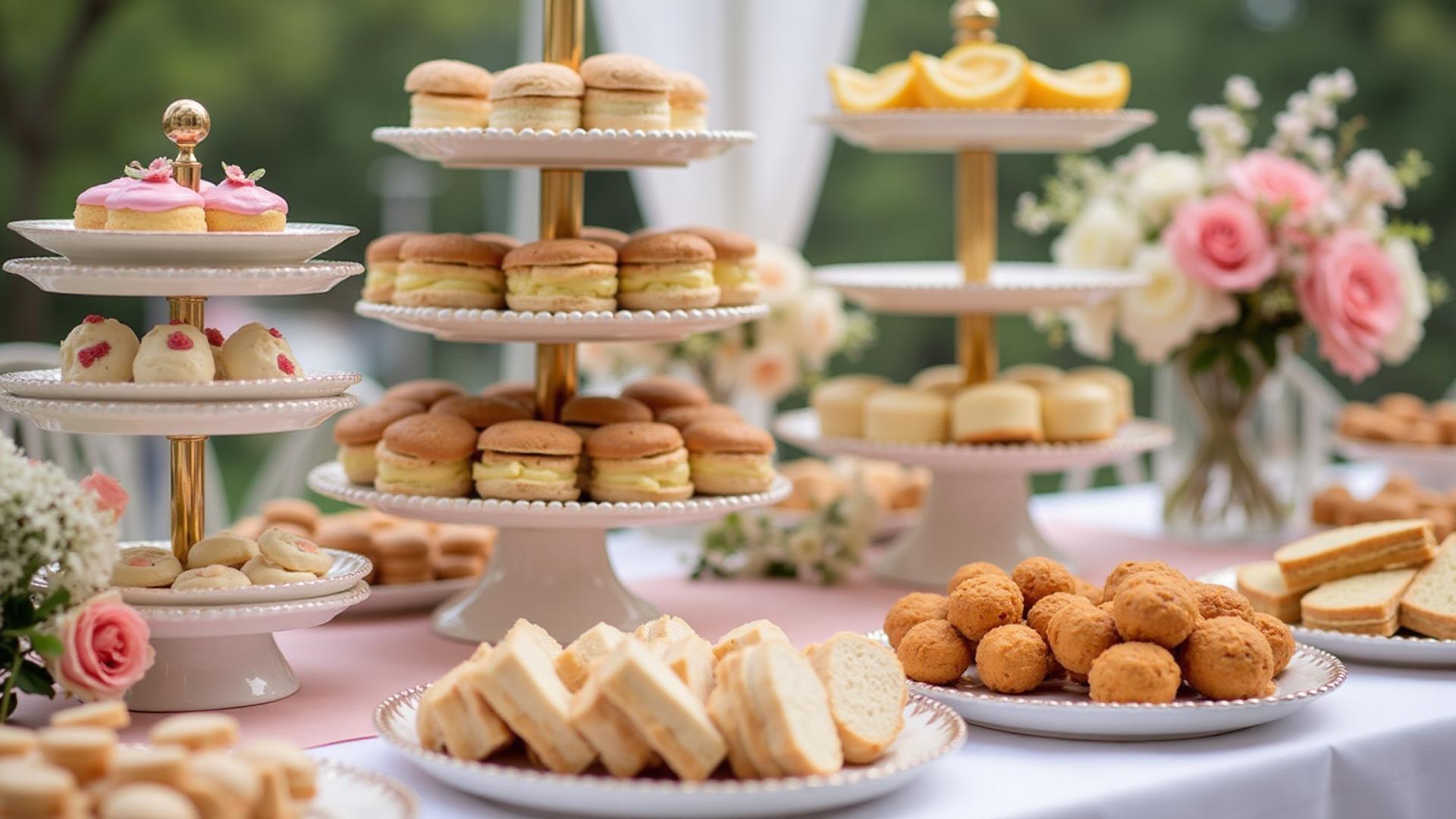 Beautiful gluten-free bridal shower catering with elegant finger foods, tea sandwiches, delicate desserts, feminine celebration atmosphere in NYC