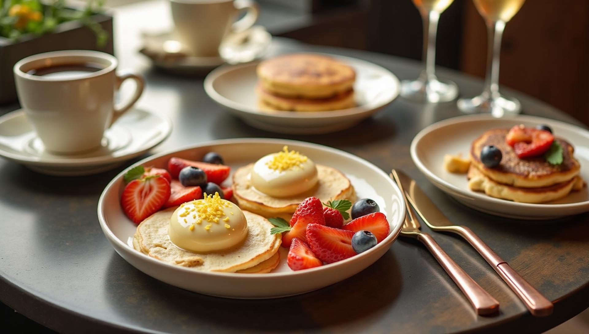 Sophisticated gluten-free brunch catering in New York with eggs benedict, pancakes, fresh fruits, mimosas, upscale weekend brunch experience