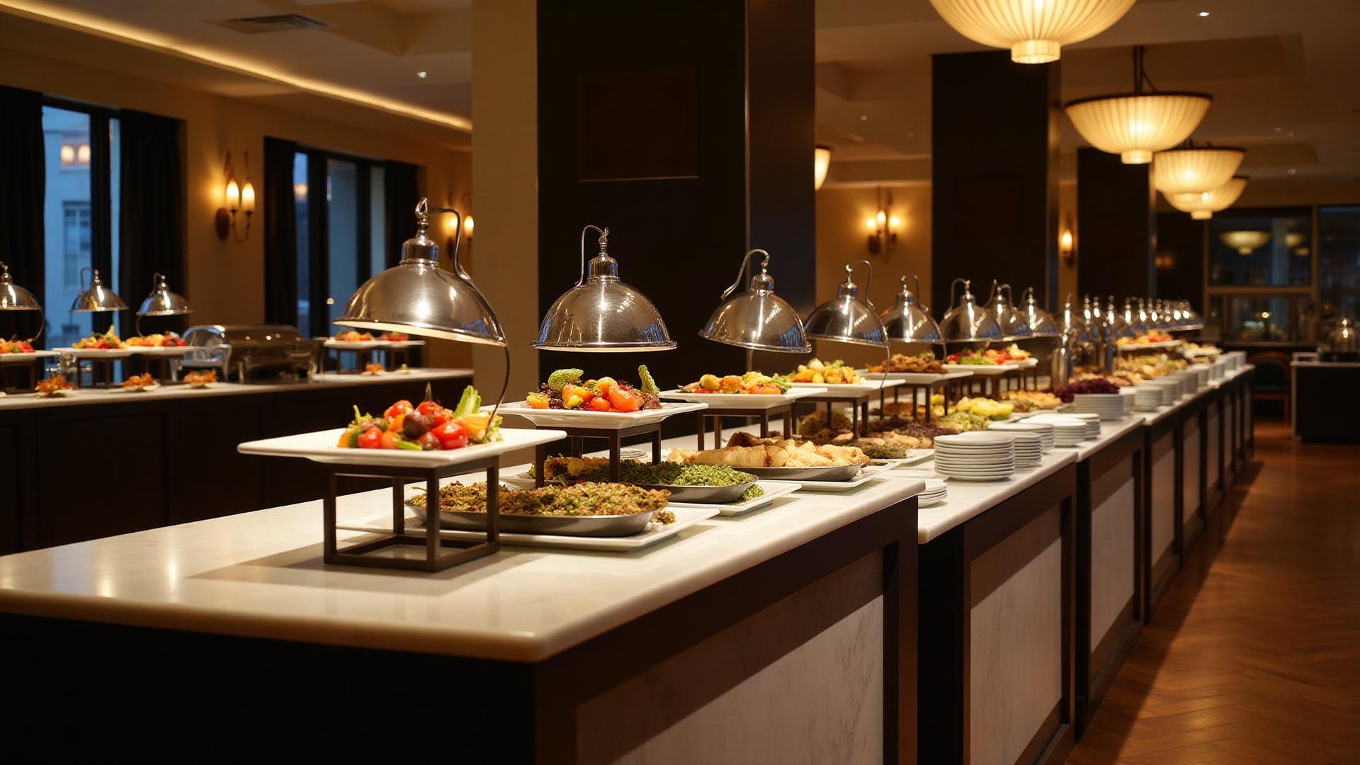 Elegant gluten-free buffet catering setup in New York with multiple stations, hot and cold dishes, self-serve style presentation for large events