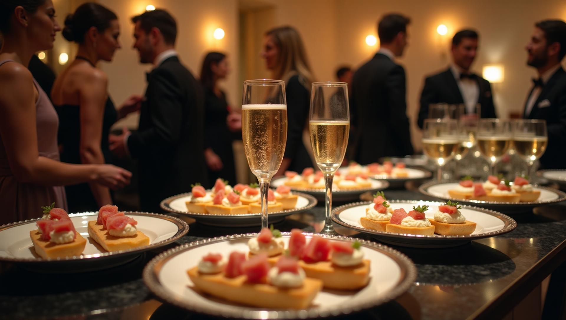 Elegant gluten-free cocktail party catering in NYC, sophisticated passed appetizers on silver platters, champagne glasses, luxury event atmosphere