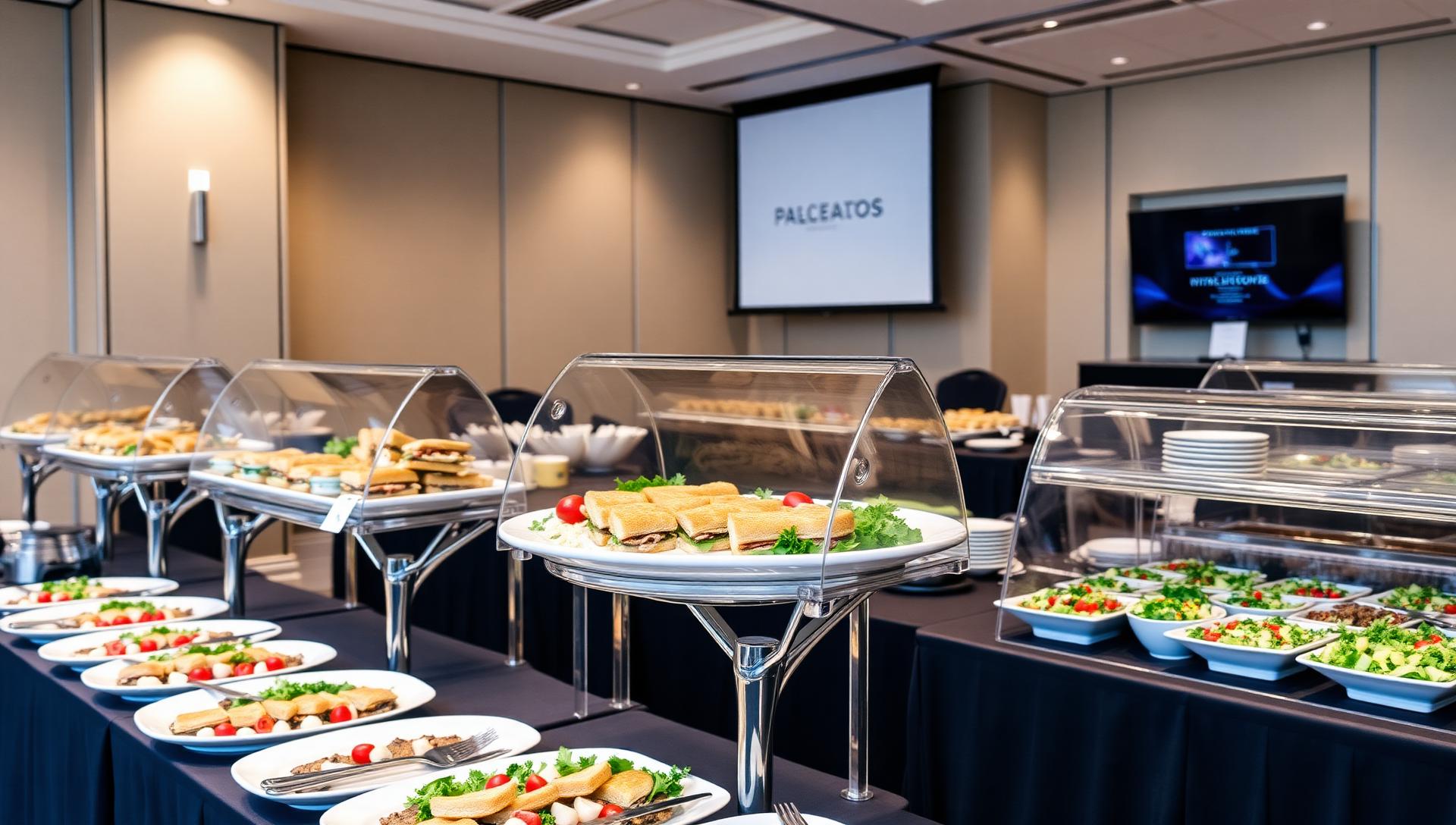 Professional gluten-free conference catering in NYC, elegant buffet setup in corporate conference room with business lunch spread, seminar food service