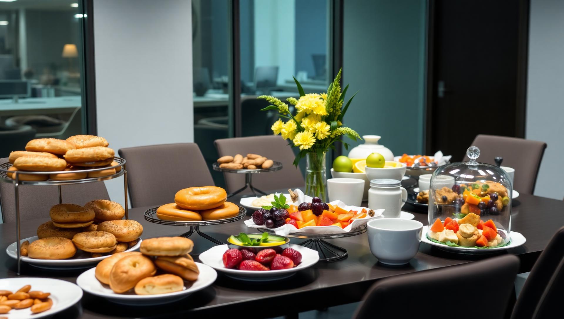 Professional gluten-free corporate breakfast catering with pastries, bagels, fresh fruit for morning meetings in NYC offices