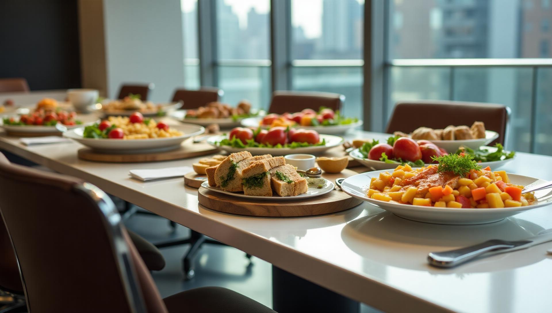 Professional gluten-free corporate catering service in NYC Manhattan office boardroom, featuring elegant business lunch spread with gourmet sandwiches and fresh salads, celiac-safe food presentation