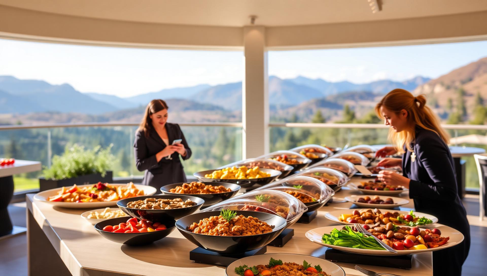 Premium gluten-free corporate retreat catering with gourmet buffet spread, team building event food service at upscale venues
