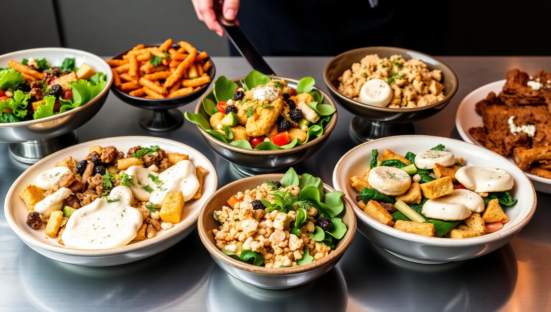 Professional gluten-free dairy-free catering spread in NYC, elegant plant-based dishes with coconut cream sauces and cashew cheese alternatives, allergen-free food service
