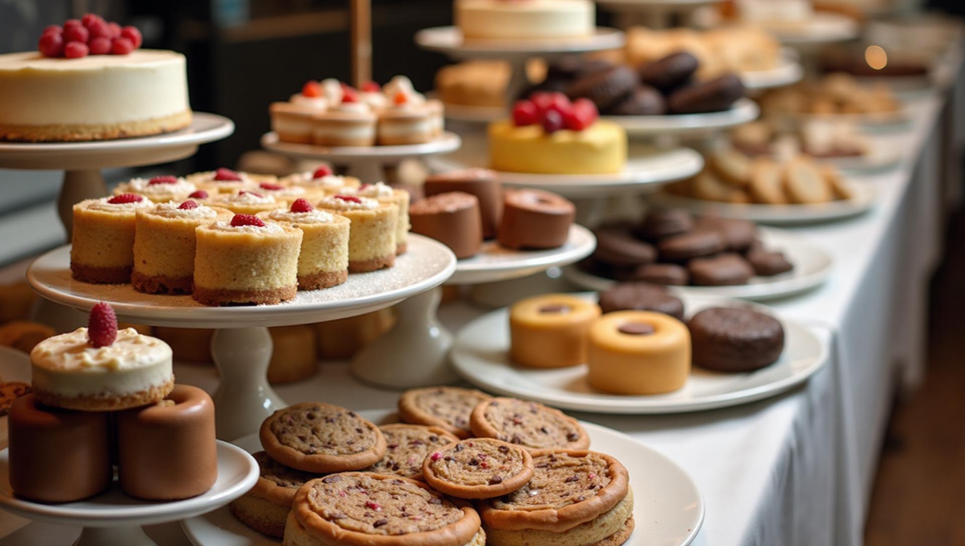 Decadent gluten-free dessert catering display in New York, assorted cakes, pastries, cookies, chocolate treats on tiered stands, elegant dessert table