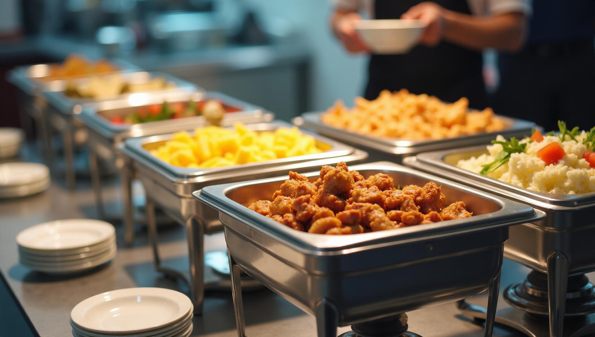 Efficient gluten-free drop-off catering service in NYC office, organized chafing dishes and containers on buffet table, professional delivery presentation