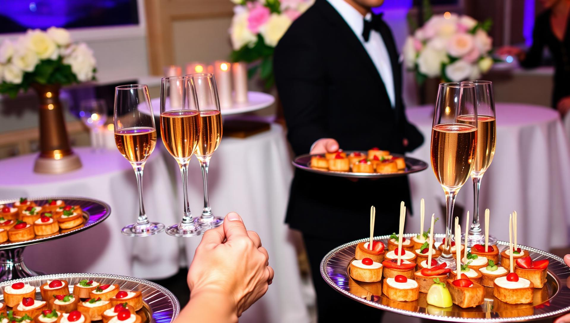 Romantic gluten-free engagement party catering in NYC, elegant cocktail party setup with champagne glasses and passed appetizers, celebration atmosphere