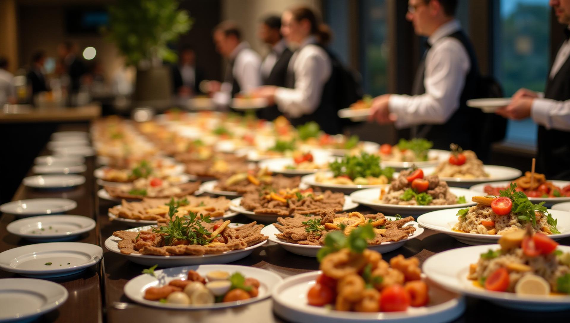 Upscale gluten-free event catering service in New York, professional buffet setup with gourmet dishes and passed hors d'oeuvres, elegant corporate and social events