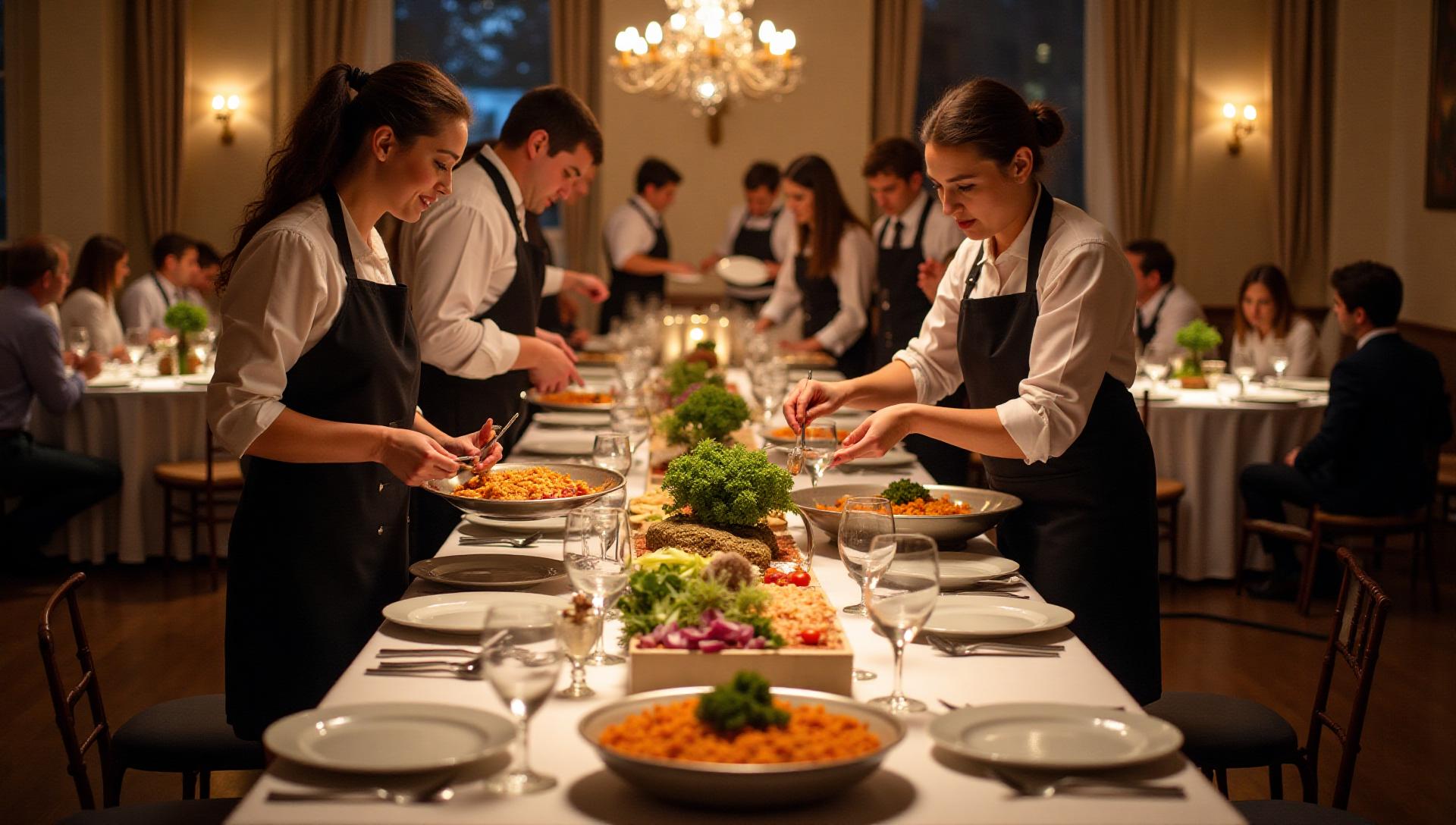 Comprehensive gluten-free full-service catering in NYC, professional staff serving guests, multiple food stations, complete event setup, high-end gala atmosphere