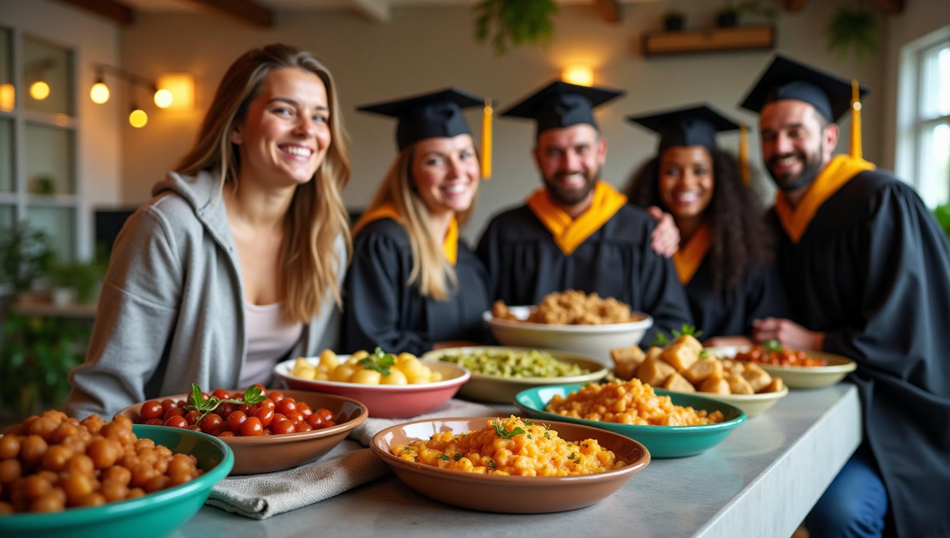 Joyful gluten-free graduation party catering in New York, celebratory buffet with graduation-themed decorations, achievement celebration food spread