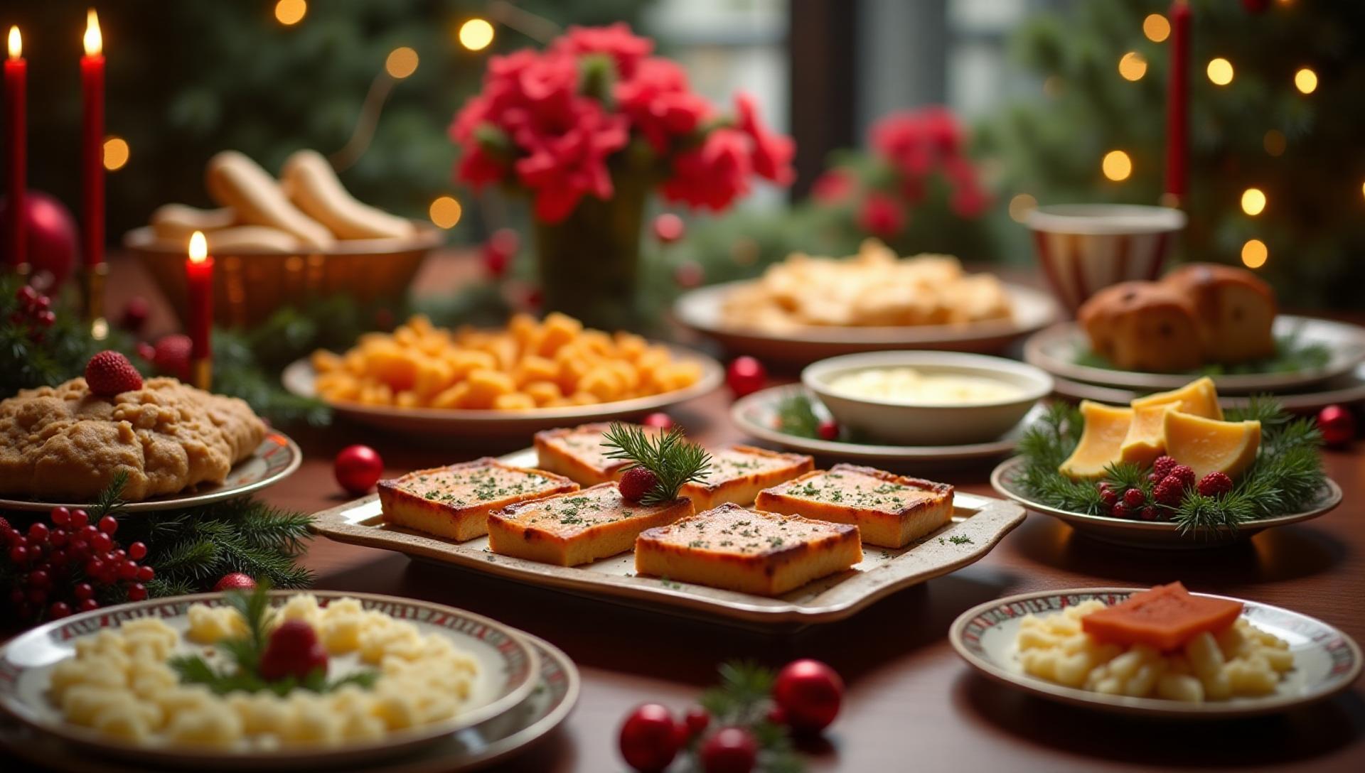 Festive gluten-free holiday party catering in NYC with seasonal dishes, elegant presentation with holiday decorations, sophisticated celebration atmosphere