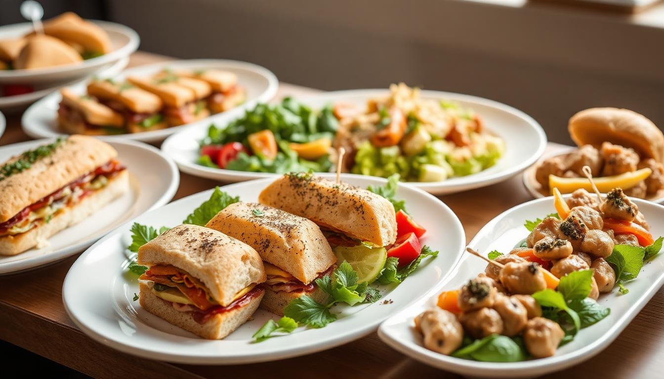 Certified kosher gluten-free lunch catering in NYC, professional corporate lunch spread with gourmet sandwiches and salads, dual-certified for kosher and celiac-safe dining