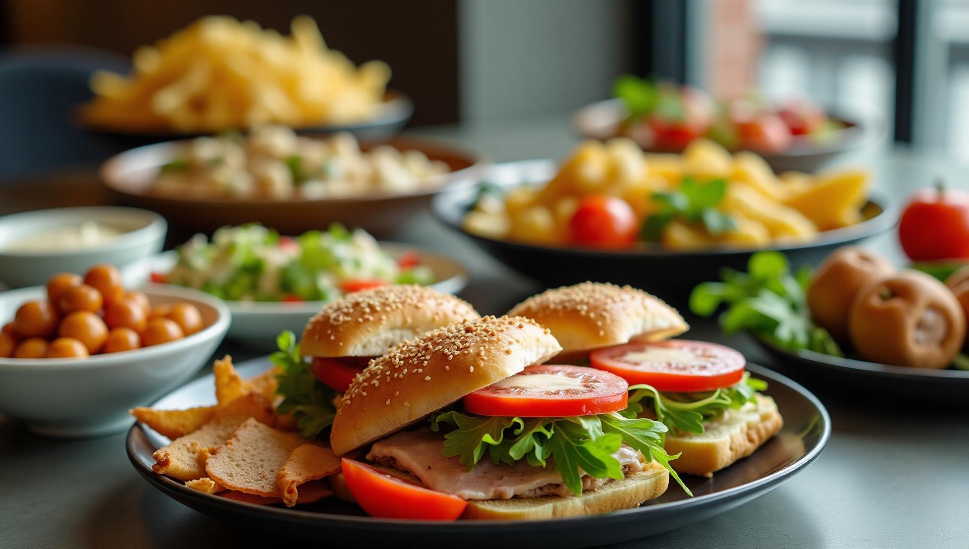Professional gluten-free lunch catering in NYC office setting, featuring diverse gourmet lunch options including sandwiches, salads, hot entrees, and sides on elegant serving platters