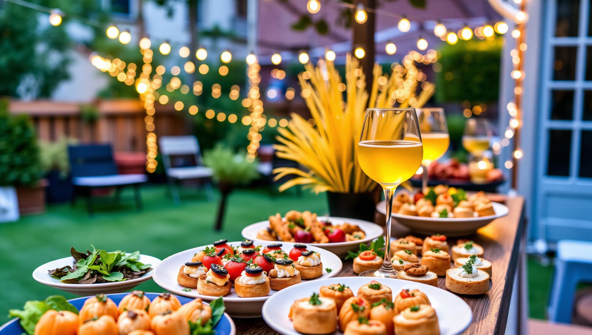 Vibrant gluten-free outdoor party catering with elegant appetizers and garden party spread for backyard celebrations in NYC