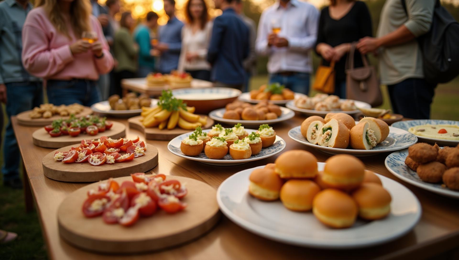 Vibrant gluten-free party catering in NYC with diverse appetizers, sliders, and finger foods on decorative boards, festive celebration atmosphere