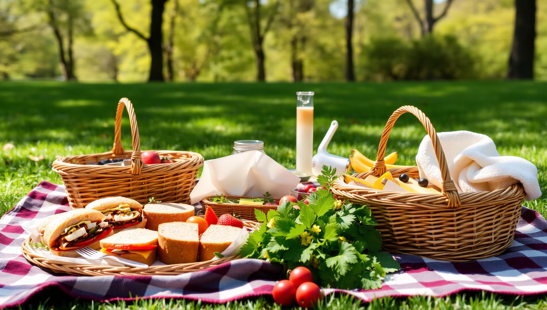 Beautiful gluten-free picnic catering with gourmet baskets, fresh sandwiches and fruits for outdoor dining in NYC parks