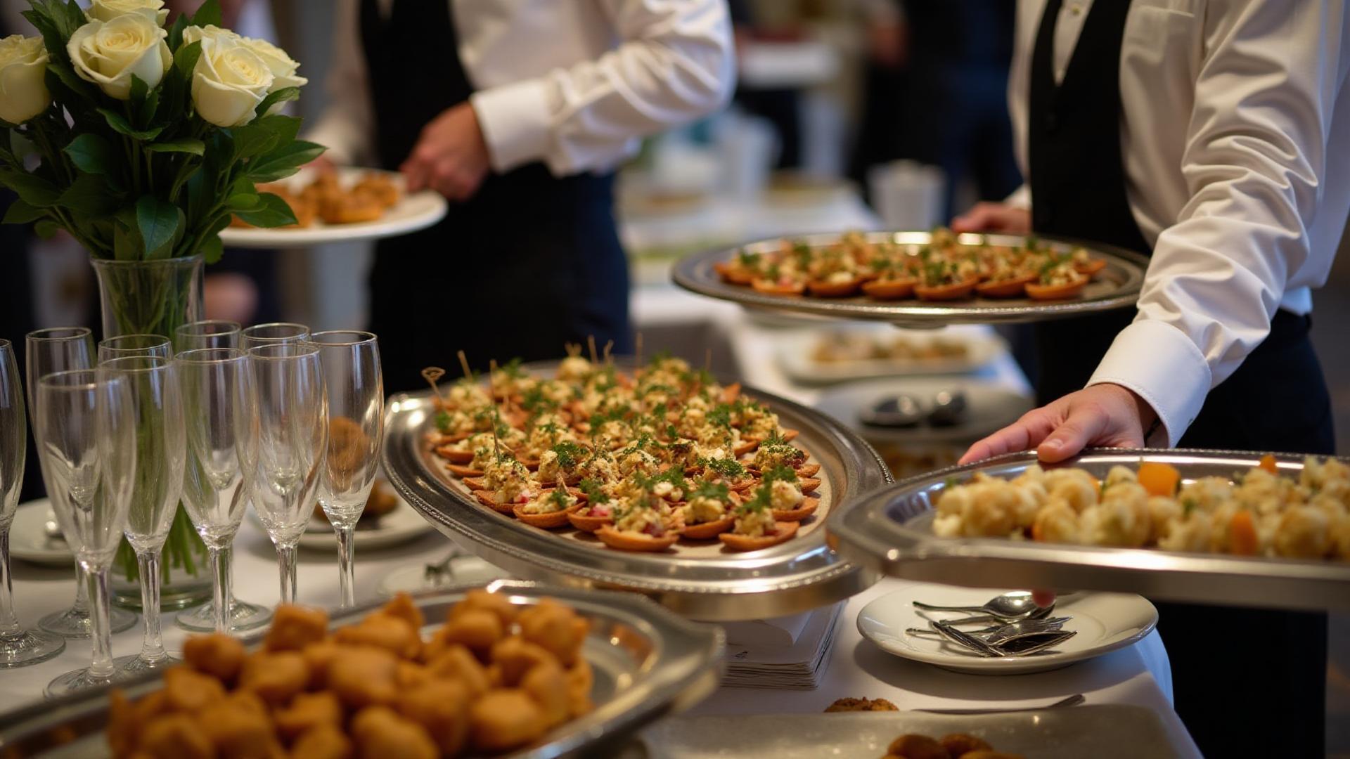 Sophisticated gluten-free reception catering in New York City, elegant passed appetizers and stationed displays for corporate and social receptions