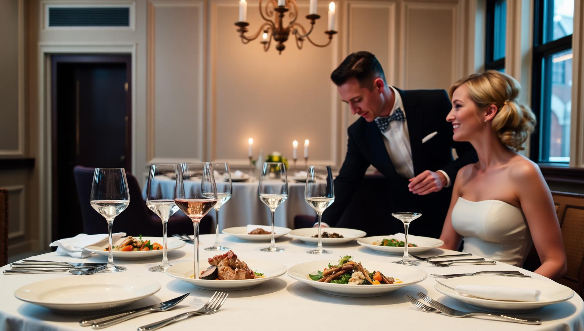 Elegant gluten-free rehearsal dinner catering in upscale NYC venue, intimate family-style table setting with sophisticated plated dishes, romantic pre-wedding celebration