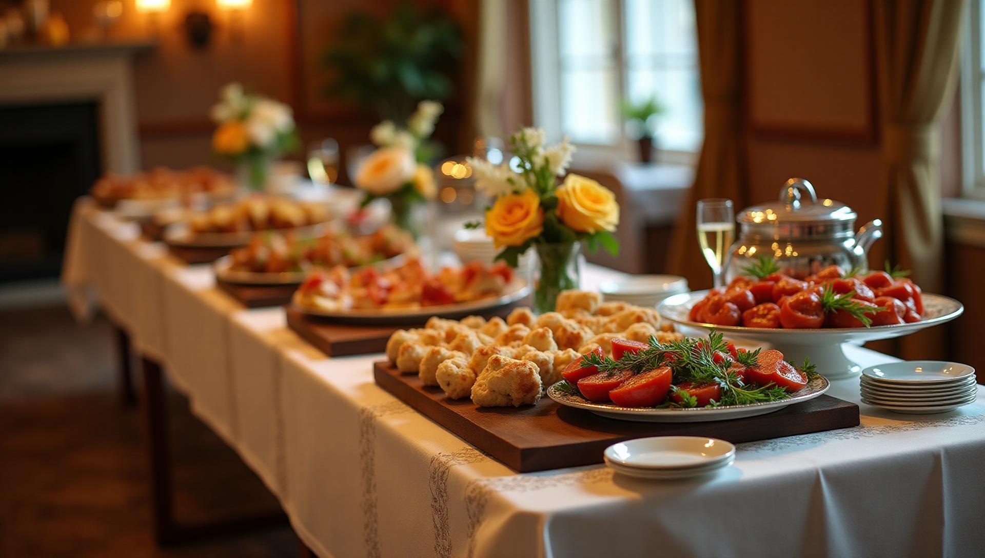 Dignified gluten-free retirement party catering in NYC, elegant buffet with gourmet dishes, professional celebration setting, appreciation event atmosphere