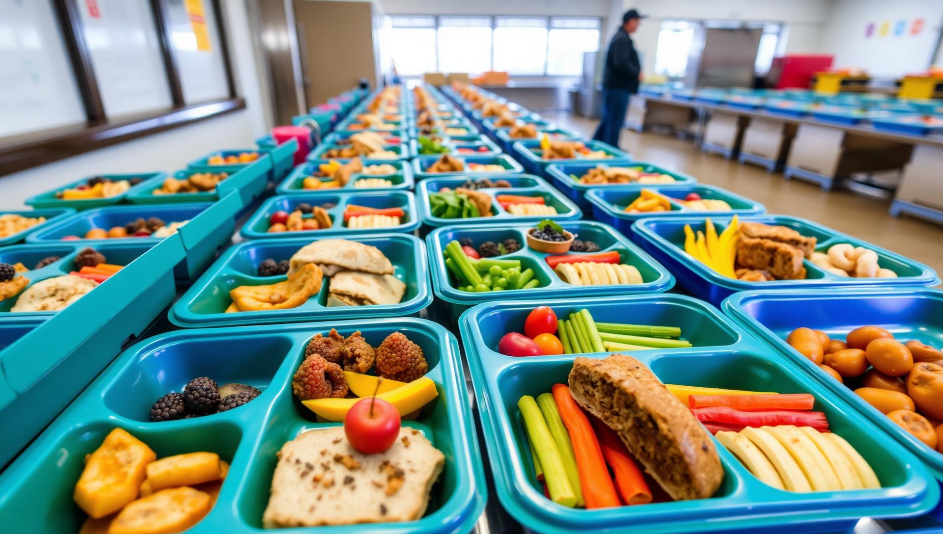 Safe gluten-free school lunch catering with colorful kid-friendly meal trays, healthy allergen-free options for students in NYC schools