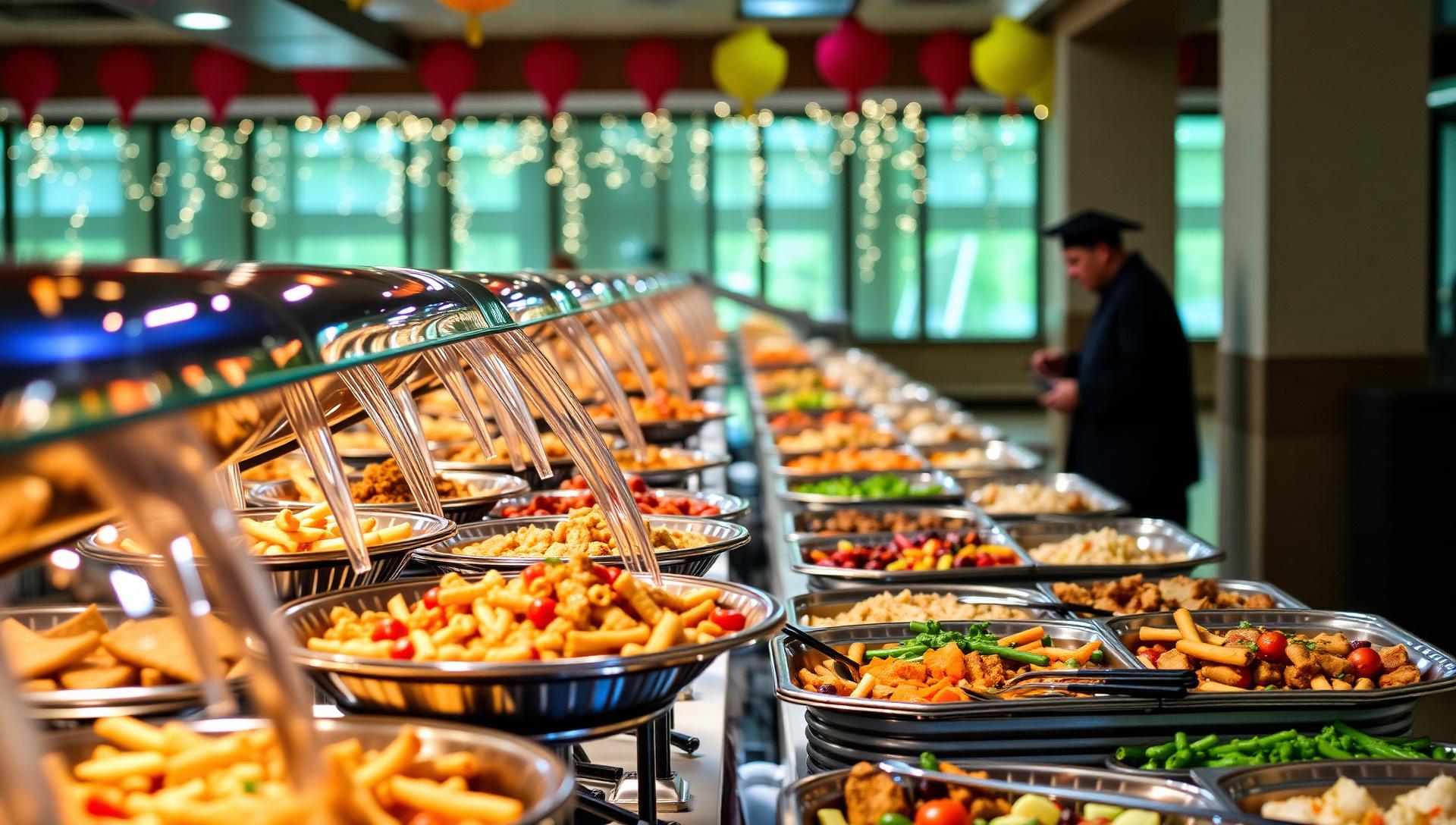 Festive gluten-free school and university event catering, campus celebration buffet with diverse food options for academic events