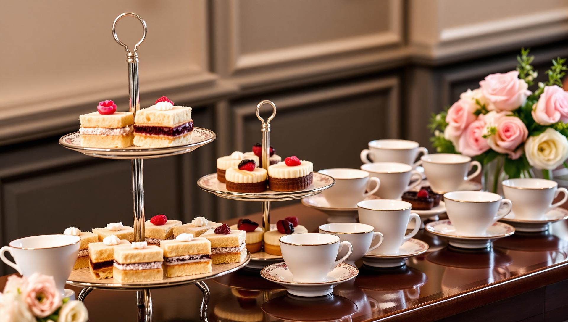 Elegant gluten-free tea party catering with traditional afternoon tea service, delicate sandwiches and pastries on tiered stands