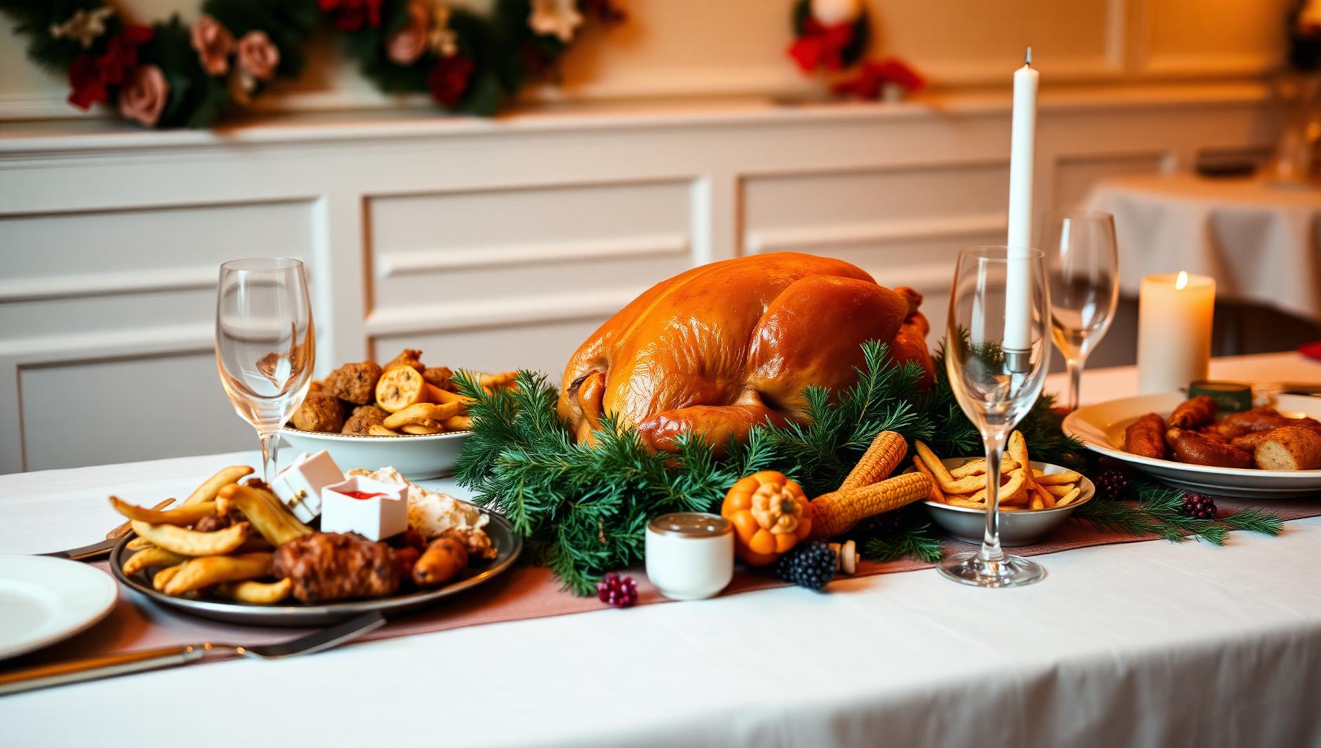 Festive gluten-free Thanksgiving and Christmas catering with traditional turkey dinner, holiday sides, and seasonal decorations in NYC