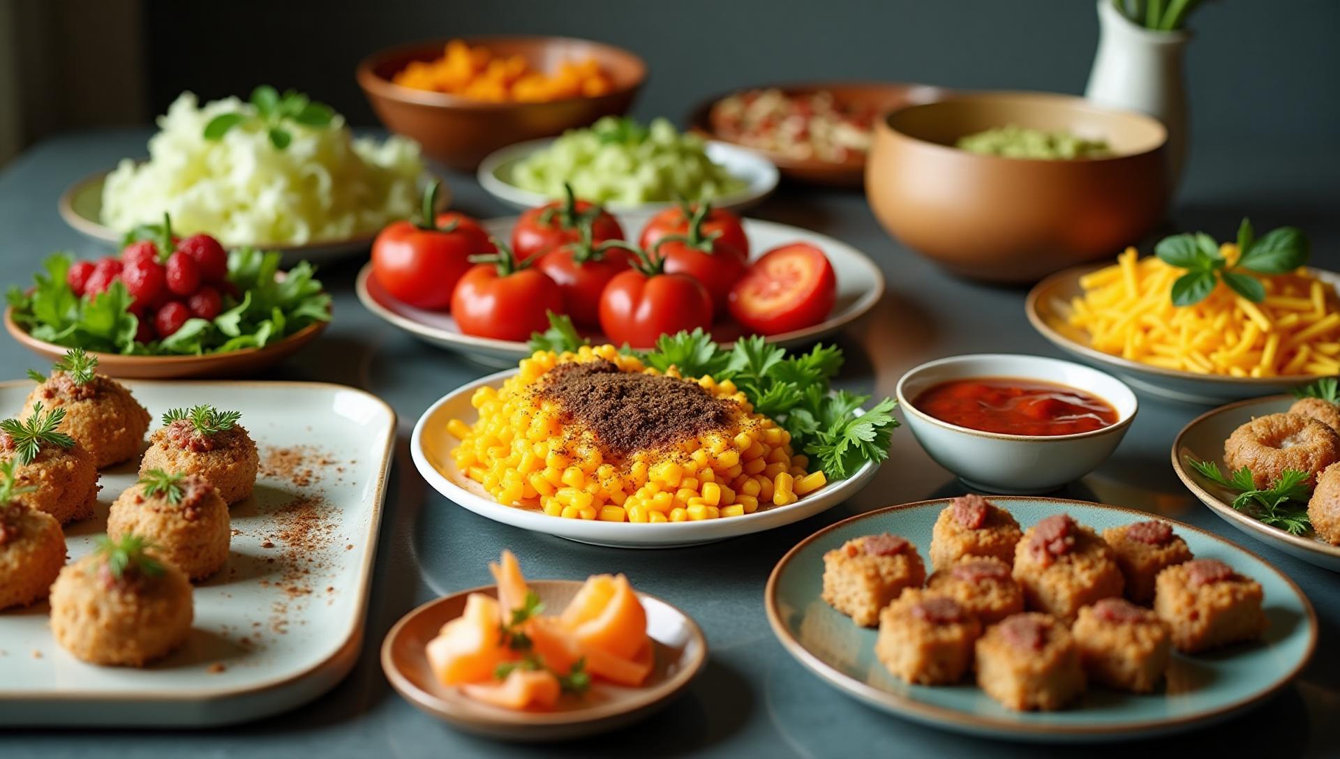 Beautiful gluten-free vegan catering spread in NYC featuring colorful plant-based dishes, fresh vegetables, vegan appetizers, and elegant presentation on modern catering table