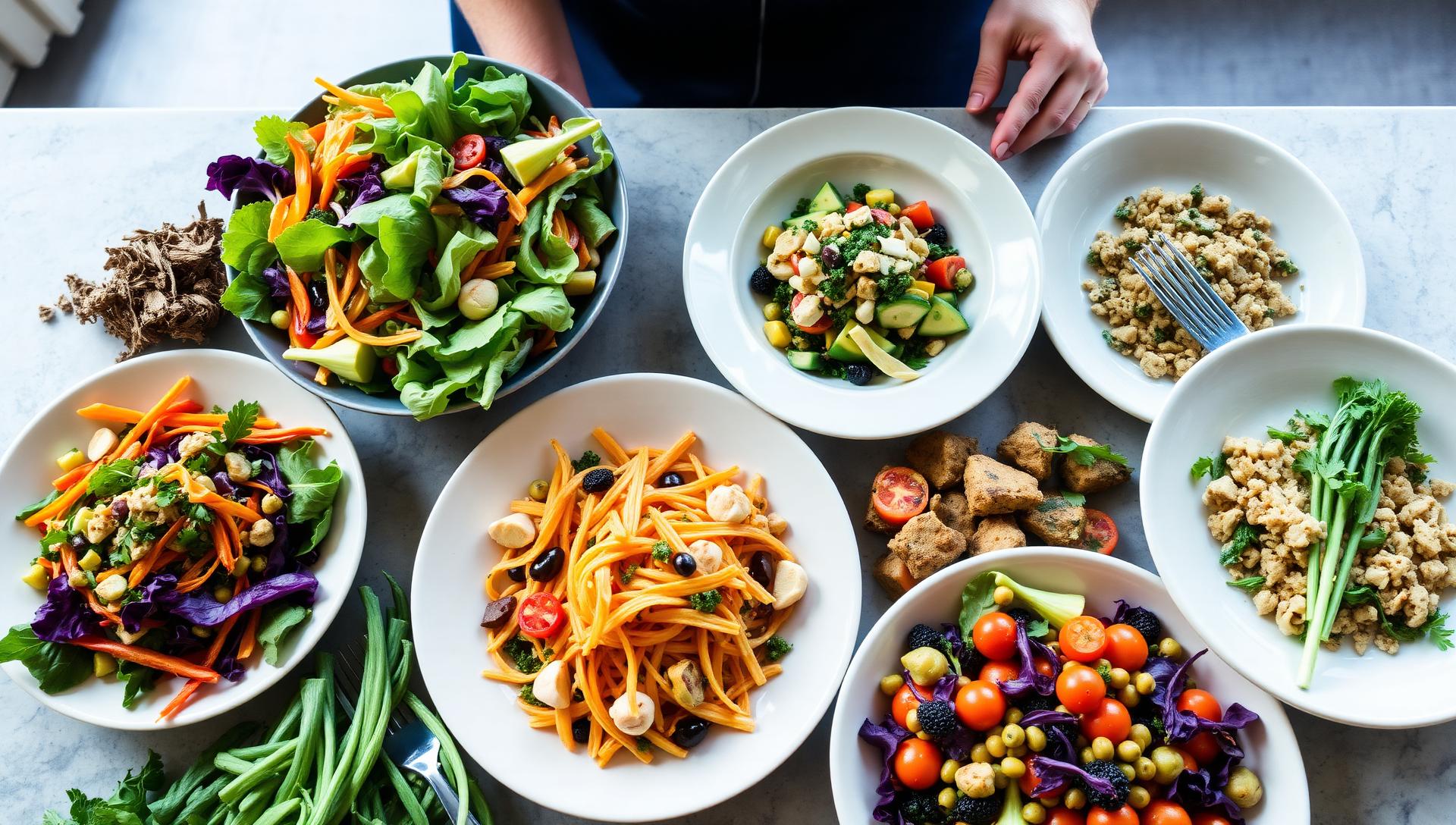 Fresh gluten-free vegetarian catering spread in NYC, colorful seasonal vegetables, creative plant-forward dishes, healthy corporate lunch setup