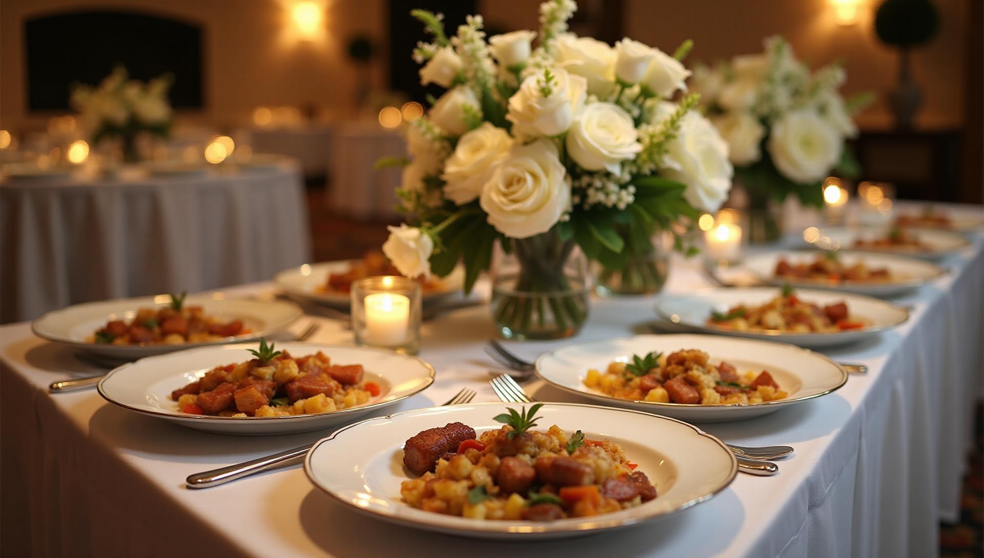 Luxury gluten-free wedding catering in New York City, elegant reception buffet with fine dining setup, romantic venue atmosphere, celiac-safe wedding menu